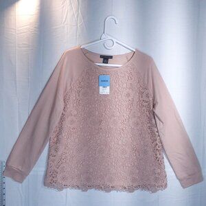 Adrianna Papell Womens Large Blush Lace Front Long Sleeve Sweater Top 60% Cotton